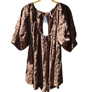 Free People XS NWOT Bop Around Eyelet Brown Romper Puff Sleeve Wide Leg Lined